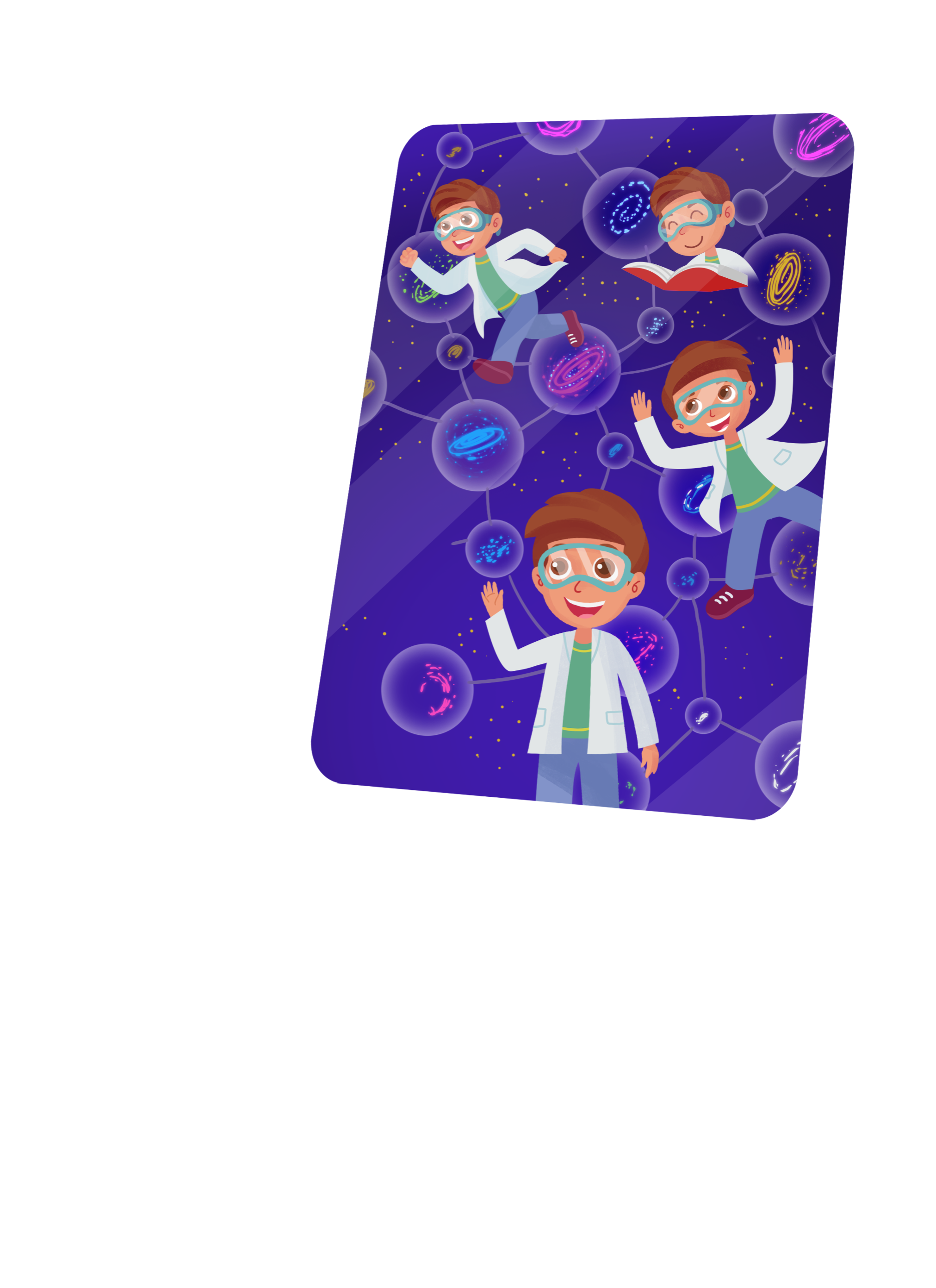 Several Dr. Monti characters exploring a world of molecules